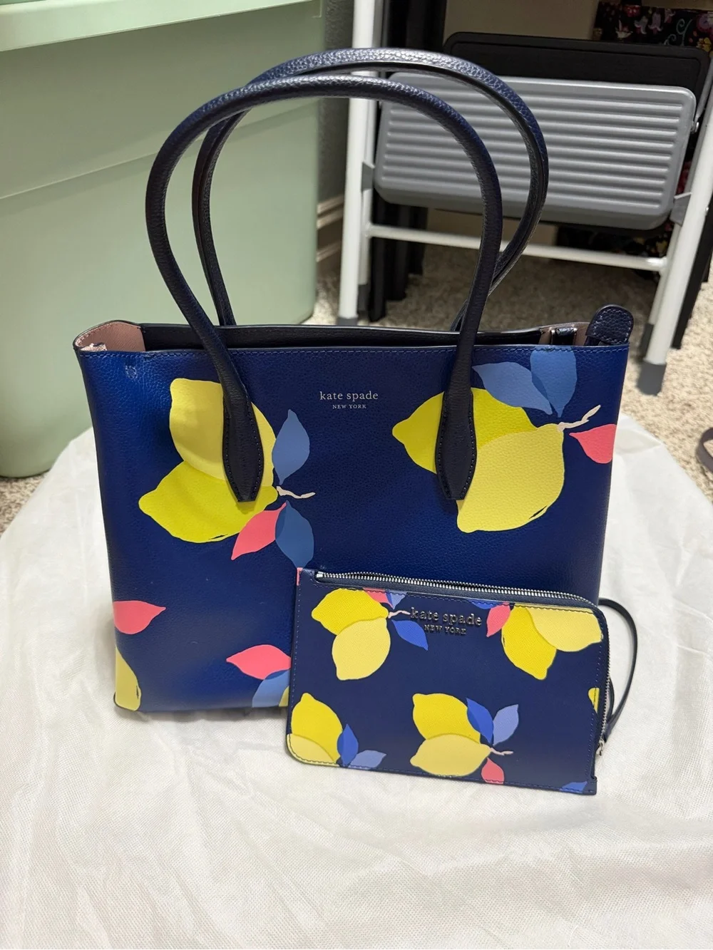 kate spade Navy Lemon-Print Tote with Matching Wristlet